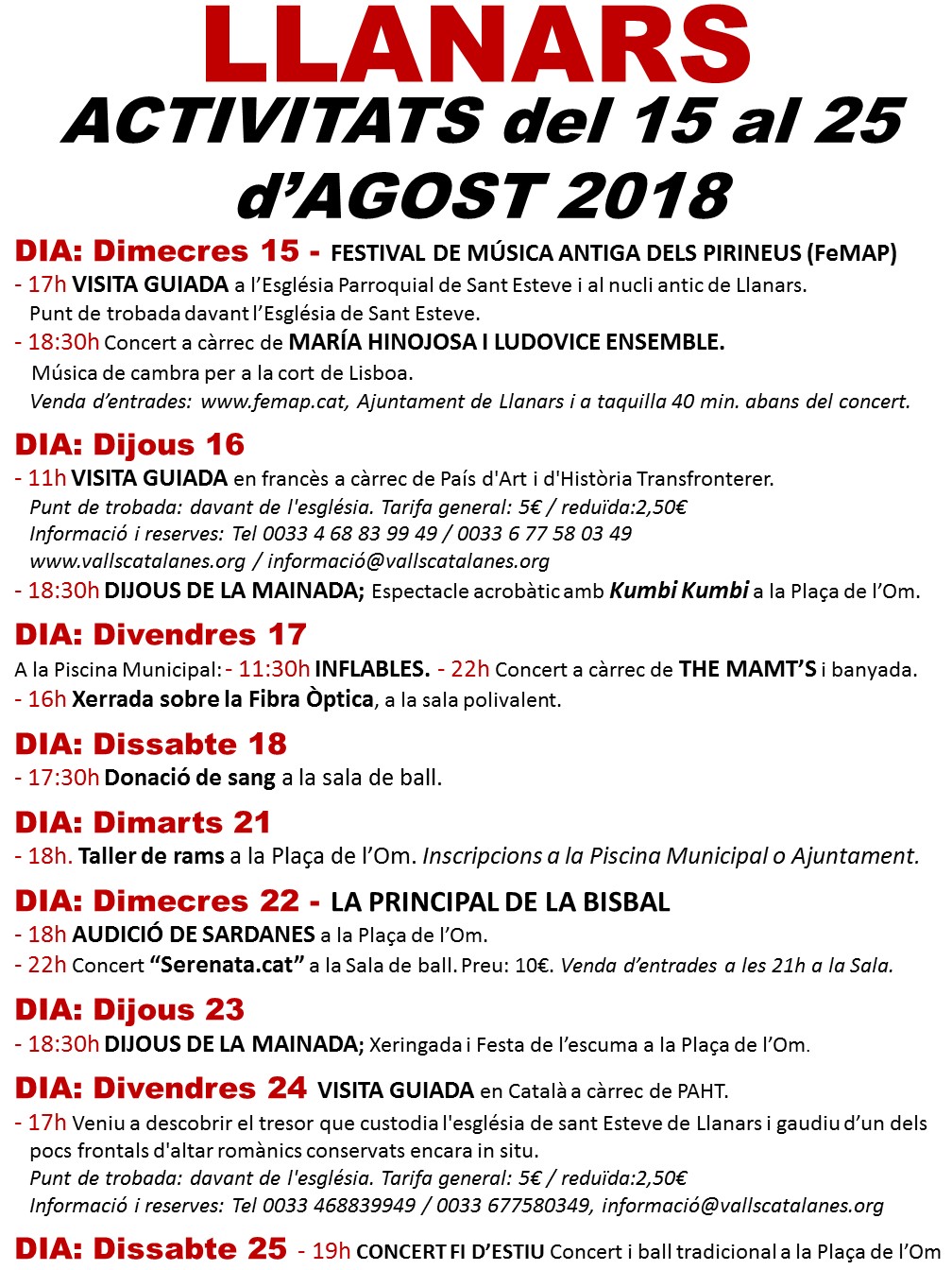 activitats SEGONA QUINZENA AGOST