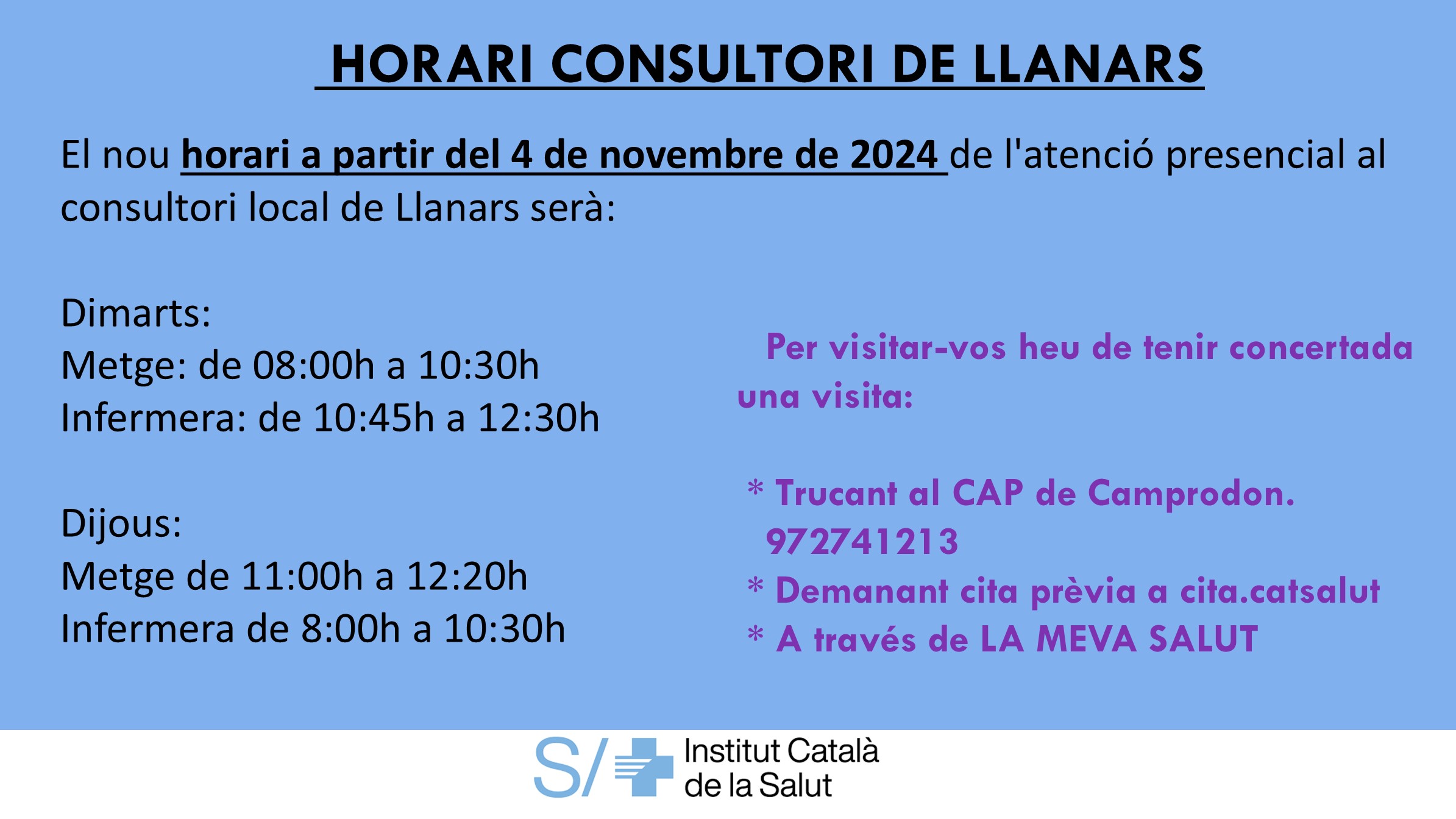 NOU HORARI CONSULTORI A PARTIR 04112024